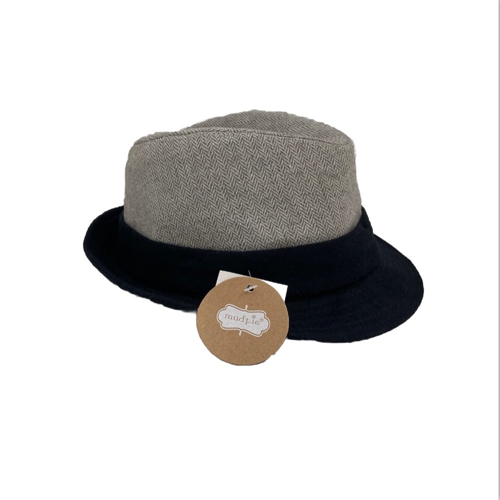 Mudpie Hat Fedora Herringbone Band Ribbed Brim Two Toned Grey Navy Blue
